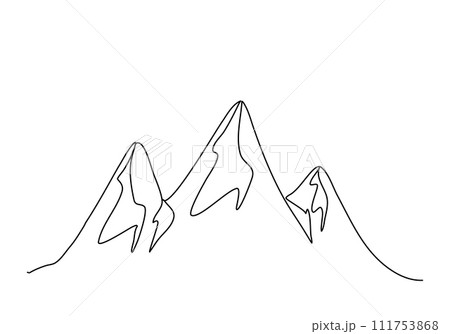 Mountains, one line drawing vector illustration. Mountains, one line drawing vector illustration. 111753868
