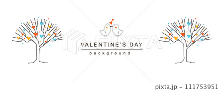 Valentine Day horizontal web banner. Romantic birds couple kissing near love decorative trees with hearts on white background. Vector illustration for header website, cover templates in modern design 111753951