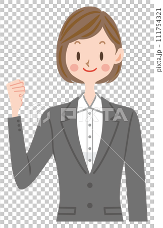A woman in a gray suit doing a fist pump job hunting 111754321