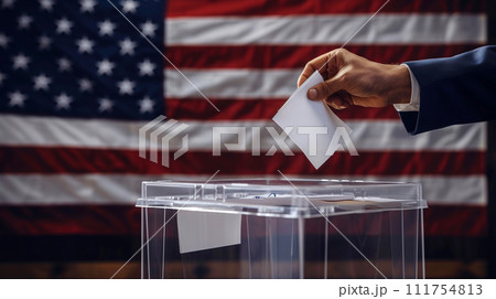 AI-generated content. Man putting his vote into ballot box against national flag of United States 111754813