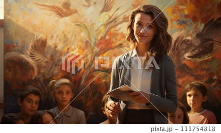 AI-generated content. a smiling young kind teacher standing in the vivid classroom, against the blurred backdrop of children 111754818