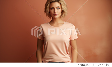 AI-generated content. A beautiful young woman in a peach-color T-shirt, leaning against a peach-color wall, look at camera 111754819