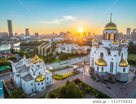 Summer Yekaterinburg, Temple on Blood and Church of St Nicholas in sunset. Aerial view of Yekaterinburg, Russia. Translation of text on the temple 111754832