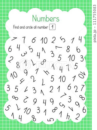 Find and circle number one simple educational activity for children, outline hand drawn vector illustration, educational printable worksheet, leisure activity learning concept, teacher resources 111755083