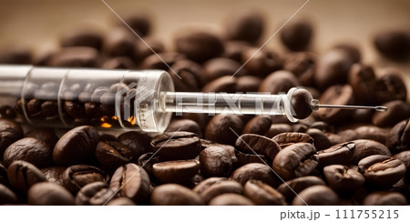AI-generated content. A photograph of a syringe on a bed of coffee beans 111755215