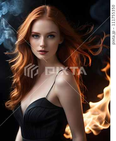 AI-generated content. Fashion model with long red hair, in black dress, stands in front of fire 111755350
