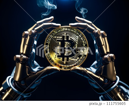 AI-generated content. Electric blue robotic hand holding a bitcoin symbol in titanium metal AI-generated content. Electric blue robotic hand holding a bitcoin symbol in titanium metal 111755605