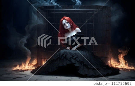 AI-generated content. a woman in a black dress is sitting in front of a fireplace AI-generated content. a woman in a black dress is sitting in front of a fireplace 111755695