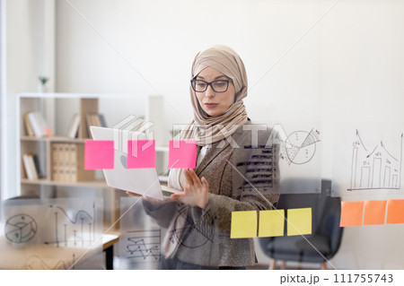 Muslim woman in hijab solving business issues with laptop in hands 111755743