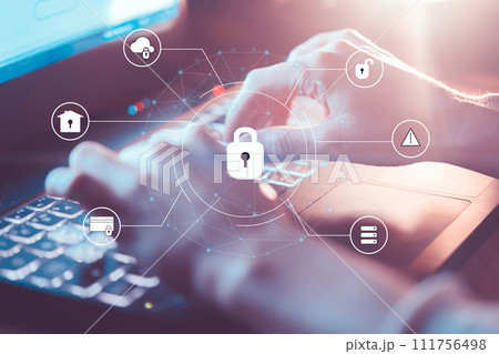 Hands are typing on a laptop keyboard, icons with lock, home, cloud closeup. Hands are typing on a laptop keyboard, icons with lock, home, cloud closeup. 111756498