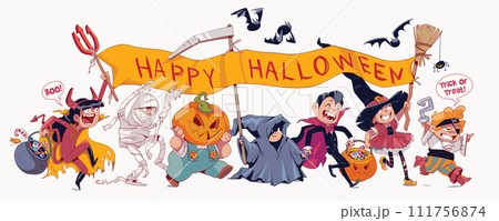 Trick or Treat. Children celebrating Halloween dressed in a variety of Halloween costumes 111756874