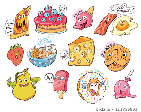 Fun food is drawn in comic style. Drawing characters with different emotions. Sticker pack 111756903
