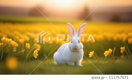 Holiday celebration banner with cute Easter bunny with decorated eggs and spring flowers on green spring meadow. Rabbit in landscape. Happy Easter greeting card, banner, festive background.Copy space 111757071