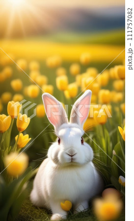 Holiday celebration banner with cute Easter bunny with decorated eggs and spring flowers on green spring meadow. Rabbit in landscape. Happy Easter greeting card, banner, festive background.Copy space 111757082