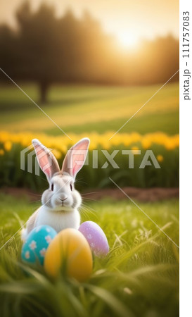 Holiday celebration banner with cute Easter bunny with decorated eggs and spring flowers on green spring meadow. Rabbit in landscape. Happy Easter greeting card, banner, festive background.Copy space 111757083