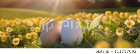 Holiday celebration banner with cute Easter bunny with decorated eggs and spring flowers on green spring meadow. Rabbit in landscape. Happy Easter greeting card, banner, festive background.Copy space 111757092