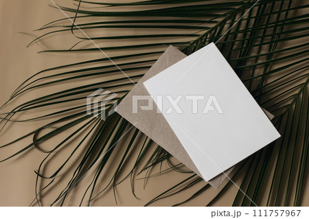 Summer tropical wedding stationery still life scene. Green date palm leaves. Blank greeting card, invitation mockup scene. Craft envelope. Beige table background. Flat lay, top view, no people. 111757967
