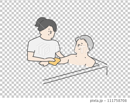 高齢男性の入浴介助をする女性介護士 111758708