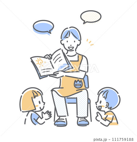 楽しく仕事をする若い男性の保育士　シンプルでお洒落な線画イラスト 111759188