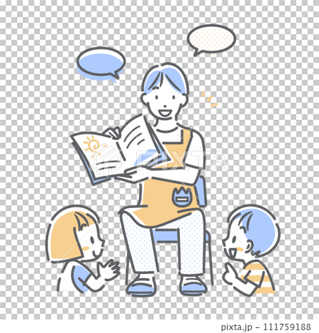 楽しく仕事をする若い男性の保育士　シンプルでお洒落な線画イラスト 111759188