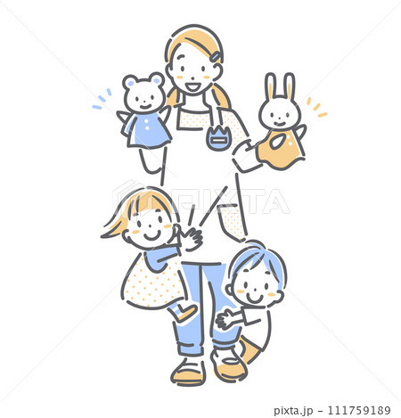 楽しく仕事をする若い女性の保育士　シンプルでお洒落な線画イラスト 111759189
