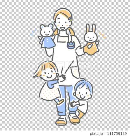 A simple and stylish line drawing illustration of a young female nursery teacher having fun at work 111759189