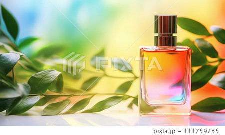 AI-generated content. Transparent rainbow glass perfume bottle mockup with plants on background. Eau de toilette. Mockup, spring flat lay. 111759235
