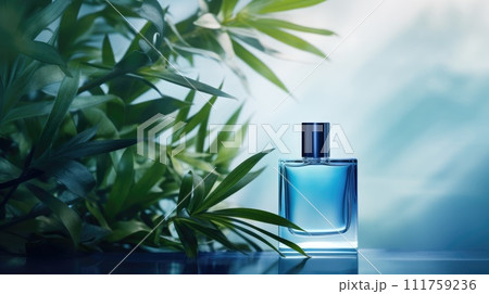 AI-generated content. Transparent blue glass perfume bottle mockup with plants on background. Eau de toilette. Mockup, spring flat lay. 111759236