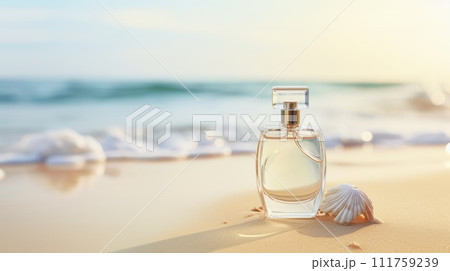 AI-generated content. Transparent white glass perfume bottle mockup with sandy beach and ocean waves on background. Eau de toilette. Mockup, spring flat lay. 111759239
