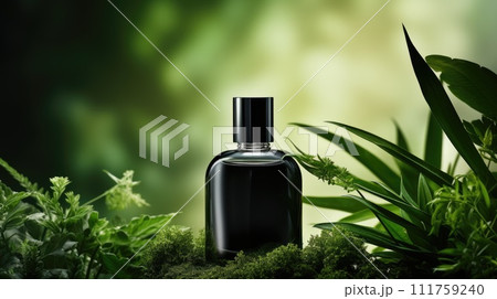 AI-generated content. Transparent black glass perfume bottle mockup with plants on background. Eau de toilette. Mockup, spring flat lay. 111759240