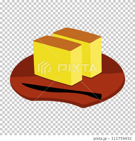 帶有黑色文字的盤子上卡斯特拉的手繪彩色插圖 帶有黑色文字的盤子上卡斯特拉的手繪彩色插圖 111759432