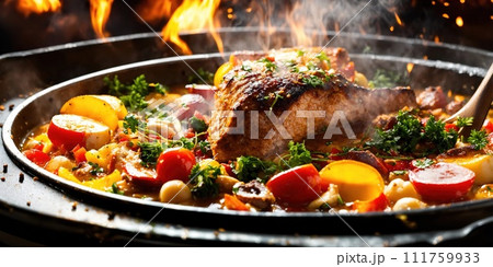 AI-generated content. Appetizing meat dish in a cauldron. Generative AI 111759933
