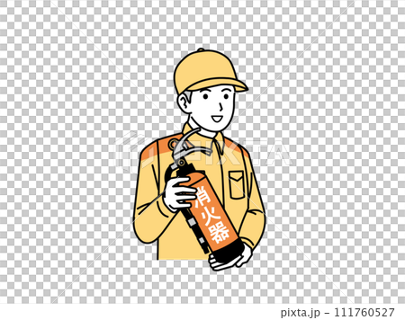 Illustration of a firefighter explaining about a fire extinguisher Illustration of a firefighter explaining about a fire extinguisher 111760527