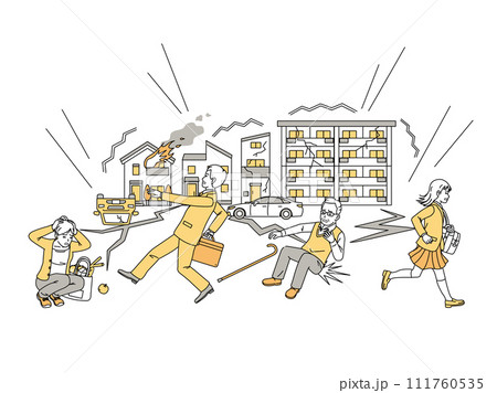 大地震が発生しパニックになる人々のイラスト 大地震が発生しパニックになる人々のイラスト 111760535