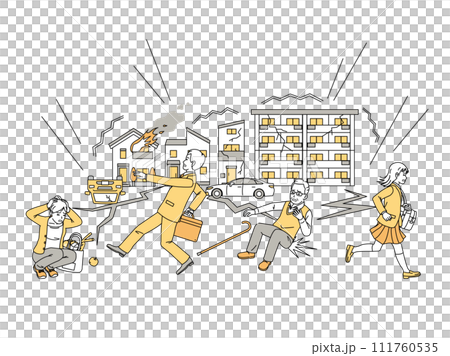 Illustration of people panicking after a major earthquake 111760535