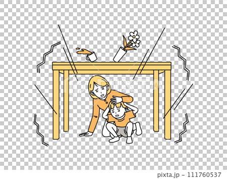 地震が発生し机の下に隠れる親子のイラスト 111760537