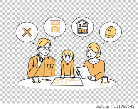 Illustration of a family discussing evacuation sites 111760542