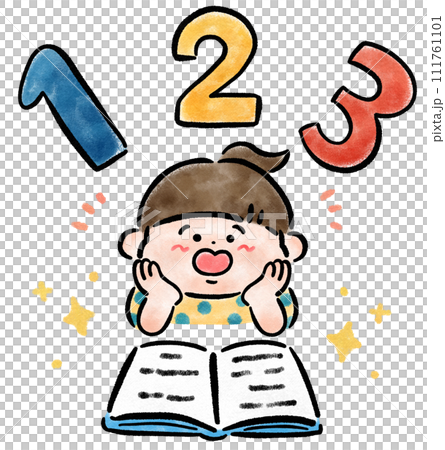 Hand-drawn illustration of a smiling girl having fun studying numbers 111761101