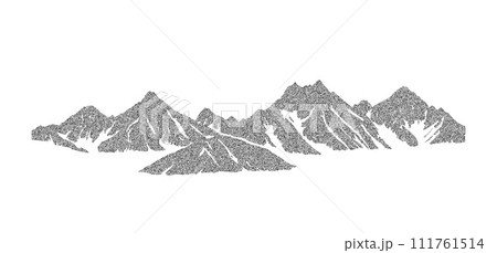 Stippled grunge mountain range illustration. Dotted landscape terrain silhouette. Black and white grainy hill chain. Grain noise mount peaks background. Ridge texture wallpaper. Dot work style vector 111761514