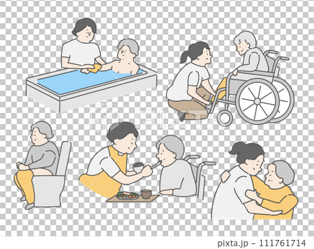 Nursing facility nursing care site illustration set (bathing, meals, excretion) Nursing facility nursing care site illustration set (bathing, meals, excretion) 111761714