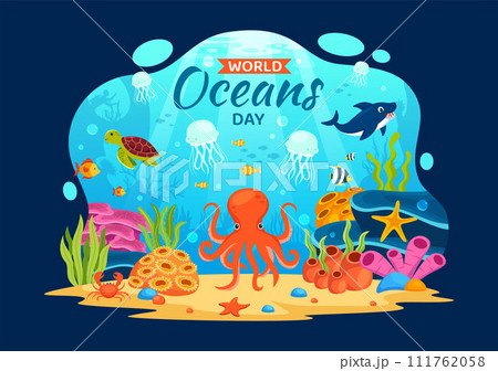 World Oceans Day Vector Illustration to Help Protect and Conserve Ocean, Fish, Ecosystem or Sea Plants in Flat Cartoon Background Design World Oceans Day Vector Illustration to Help Protect and Conserve Ocean, Fish, Ecosystem or Sea Plants in Flat Cartoon Background Design 111762058