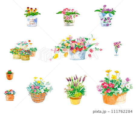 バスケットに入った花の寄せ植え バスケットに入った花の寄せ植え 111762284