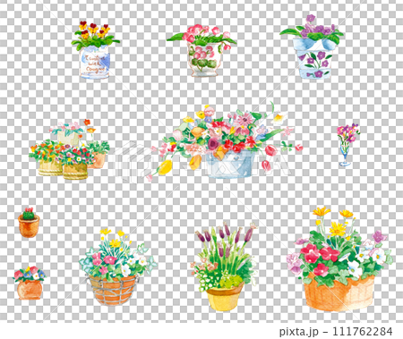 バスケットに入った花の寄せ植え バスケットに入った花の寄せ植え 111762284