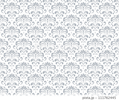 Wallpaper in the style of Baroque. Seamless vector background. White and gray floral ornament. Graphic pattern for fabric, wallpaper, packaging. Ornate Damask flower ornament. Wallpaper in the style of Baroque. Seamless vector background. White and gray floral ornament. Graphic pattern for fabric, wallpaper, packaging. Ornate Damask flower ornament. 111762445