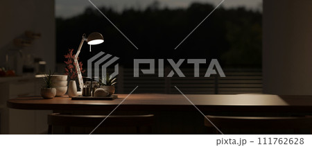 A copy space on a wooden dining table in a modern Scandinavian dining room kitchen. 111762628