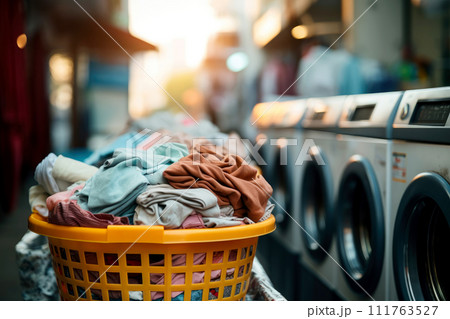 A pile of clothes next to a washing machine, Generative Ai 111763527
