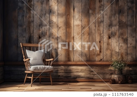 sofa in Wooden room of house or ranch with sun. Generative AI. sofa in Wooden room of house or ranch with sun. Generative AI. 111763540