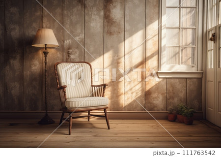 sofa in Wooden room of house or ranch with sun. Generative AI. 111763542