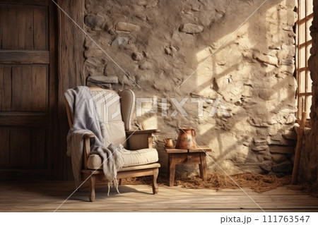 sofa in Wooden room of house or ranch with sun. Generative AI. sofa in Wooden room of house or ranch with sun. Generative AI. 111763547