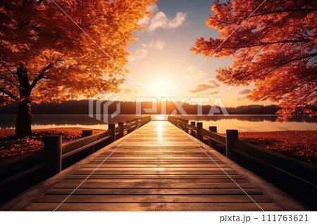 wooden bridge in a forest with fall leaves flowing and lake . AI Generative 111763621